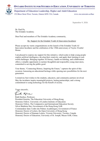 Signed letter of support from Ruth Hayhoe
